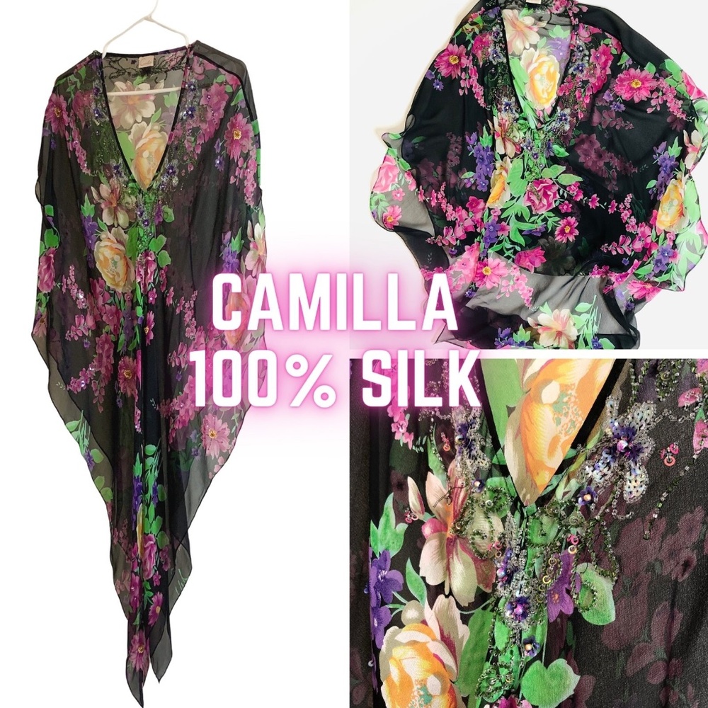 CAMILLA Silk Floral Print Kaftan with Beading